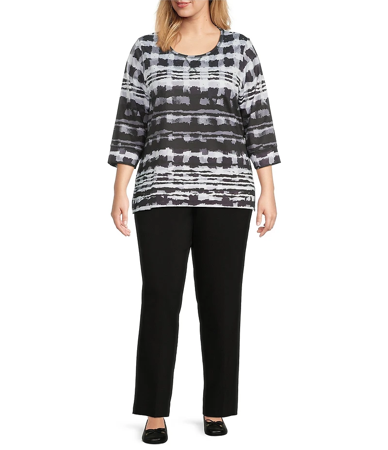 Allison Daley Plus Size Black Abstract Checks Print 3/4 Sleeve Crew Neck Knit Top
