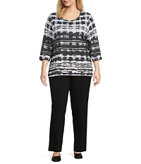 Allison Daley Plus Size Black Abstract Checks Print 3/4 Sleeve Crew Neck Knit Top