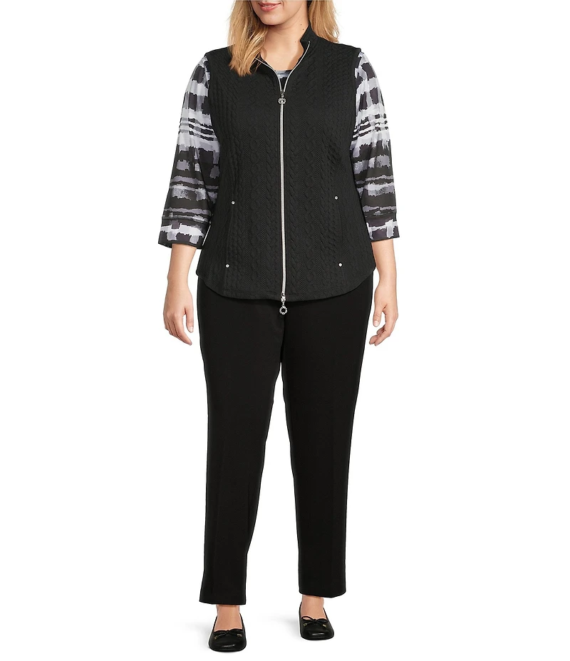 Allison Daley Plus Size Black Cable Quilted Sleeveless Two-Way Zip-Up Vest