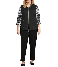 Allison Daley Plus Size Black Cable Quilted Sleeveless Two-Way Zip-Up Vest