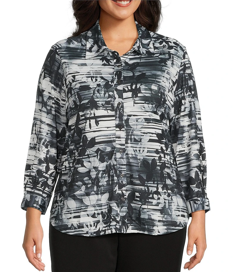 Allison Daley Plus Size Black Showering Floral Print Long Sleeve Point Collar Button Front Shirt