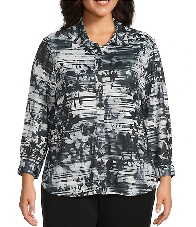 Allison Daley Plus Size Black Showering Floral Print Long Sleeve Point Collar Button Front Shirt