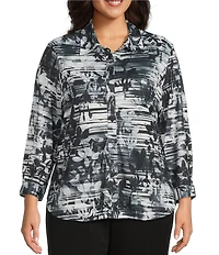 Allison Daley Plus Size Black Showering Floral Print Long Sleeve Point Collar Button Front Shirt