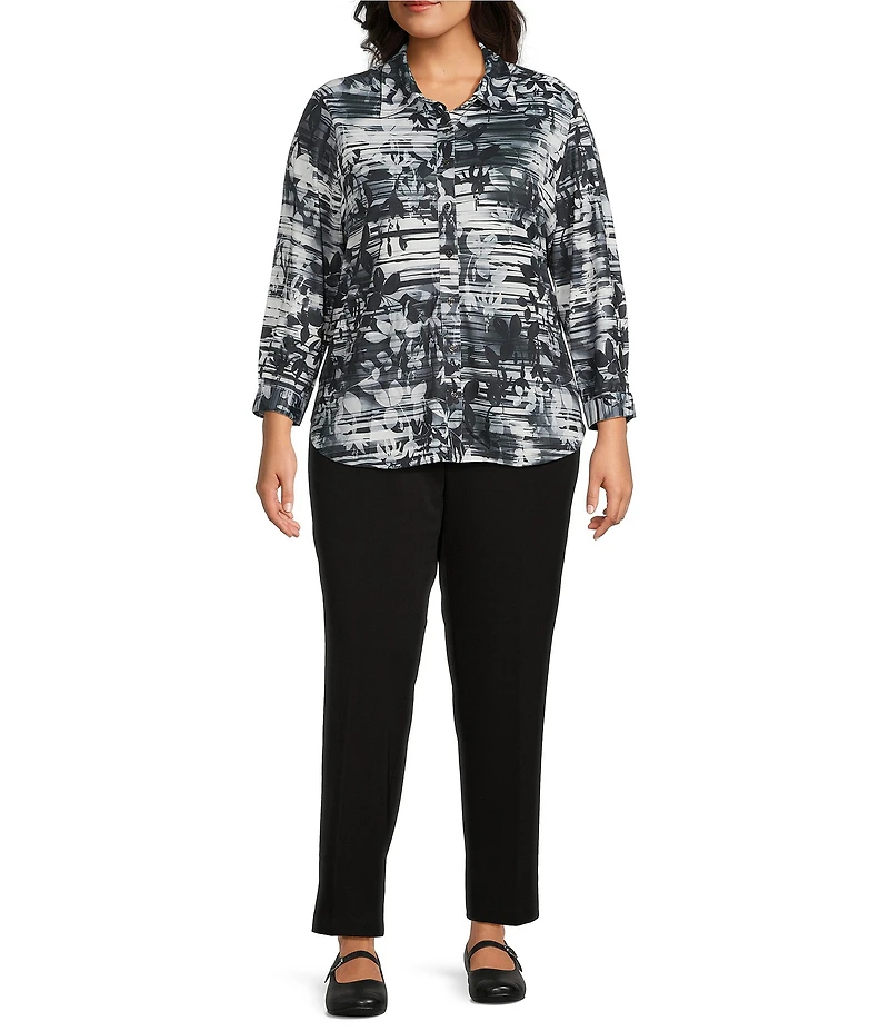 Allison Daley Plus Size Black Showering Floral Print Long Sleeve Point Collar Button Front Shirt