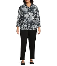 Allison Daley Plus Size Black Showering Floral Print Long Sleeve Point Collar Button Front Shirt