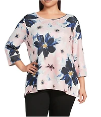 Allison Daley Plus Size Blush Floral Multi Print 3/4 Sleeve Crew Neck Scuba Knit Embellished Top