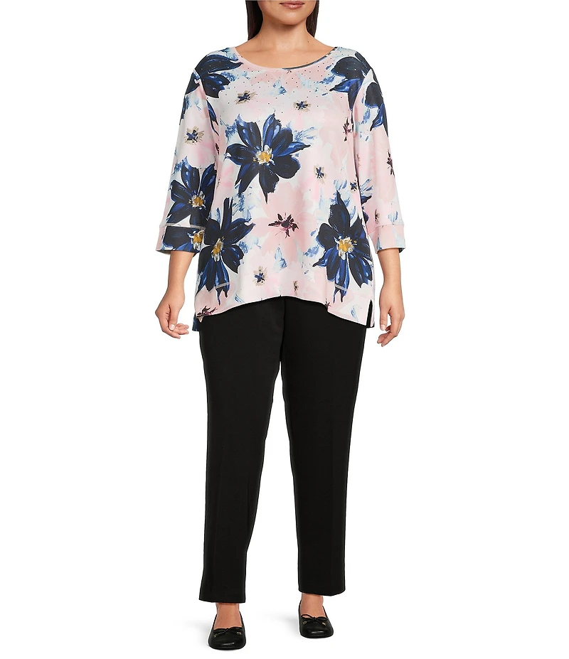 Allison Daley Plus Size Blush Floral Multi Print 3/4 Sleeve Crew Neck Scuba Knit Embellished Top