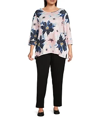 Allison Daley Plus Size Blush Floral Multi Print 3/4 Sleeve Crew Neck Scuba Knit Embellished Top