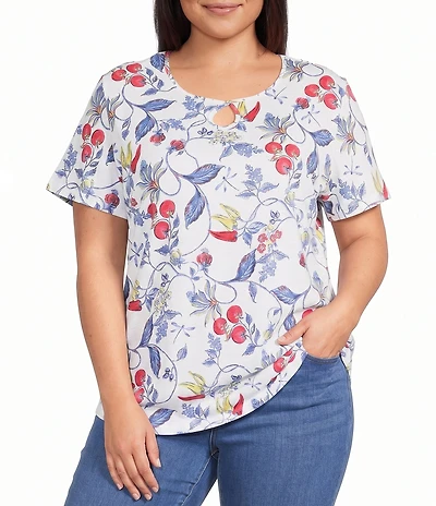 Allison Daley Plus Size Bountiful Botanical Print Short Sleeve Keyhole Neck Knit Top