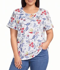Allison Daley Plus Size Bountiful Botanical Print Short Sleeve Keyhole Neck Knit Top