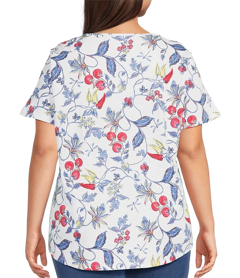Allison Daley Plus Size Bountiful Botanical Print Short Sleeve Keyhole Neck Knit Top