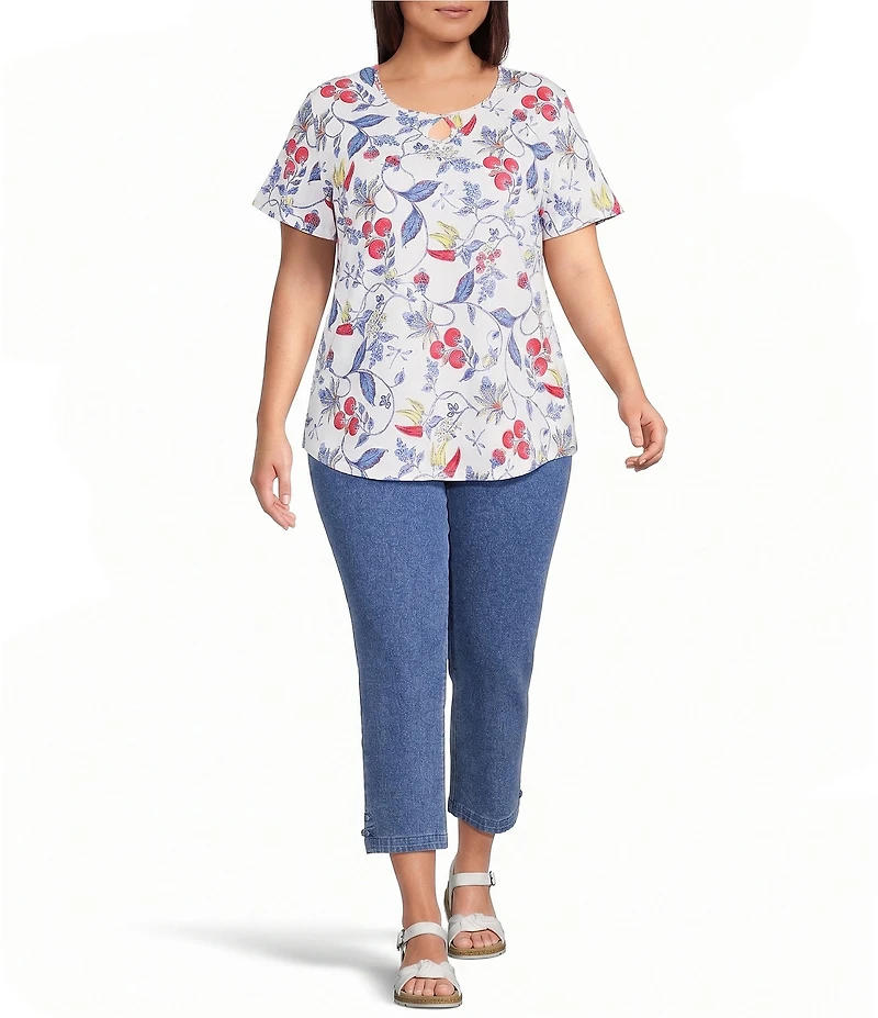 Allison Daley Plus Size Bountiful Botanical Print Short Sleeve Keyhole Neck Knit Top