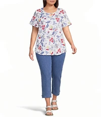 Allison Daley Plus Size Bountiful Botanical Print Short Sleeve Keyhole Neck Knit Top