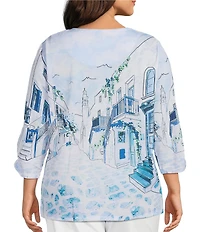 Allison Daley Plus Size Coastal Retreat Print 3/4 Ruched Sleeve Crew Neck Knit Top