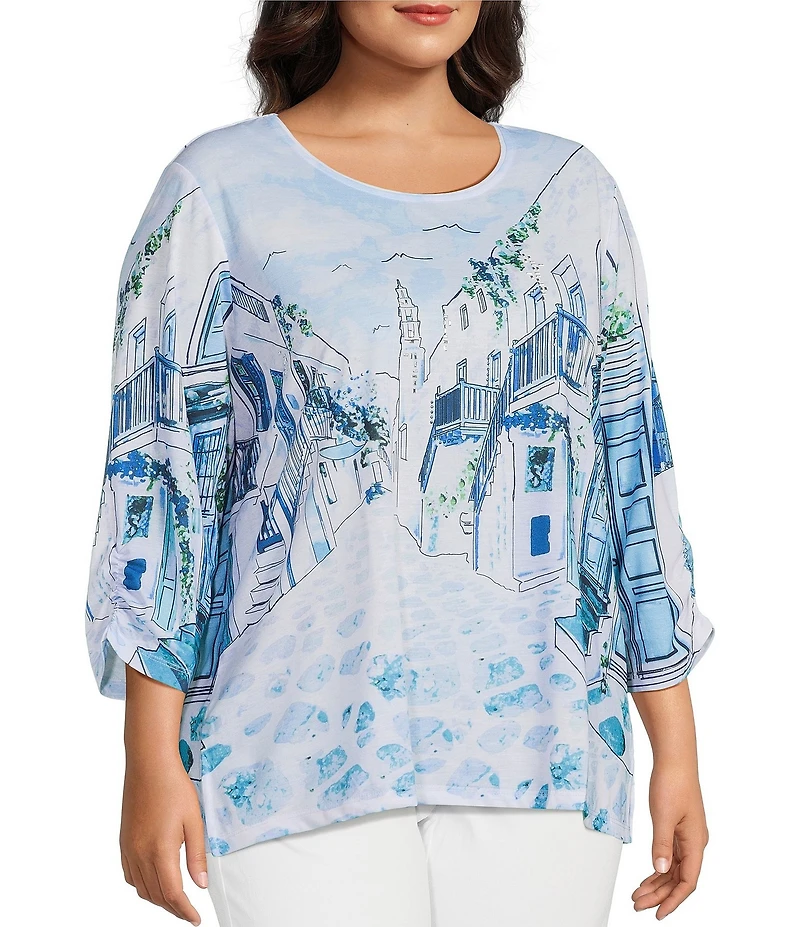Allison Daley Plus Size Coastal Retreat Print 3/4 Ruched Sleeve Crew Neck Knit Top