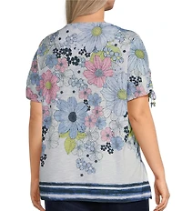 Allison Daley Plus Size Daisy Cascade Border Print Short Ruched Tie Sleeve Crew Neck Knit Top