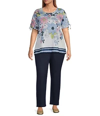 Allison Daley Plus Size Daisy Cascade Border Print Short Ruched Tie Sleeve Crew Neck Knit Top