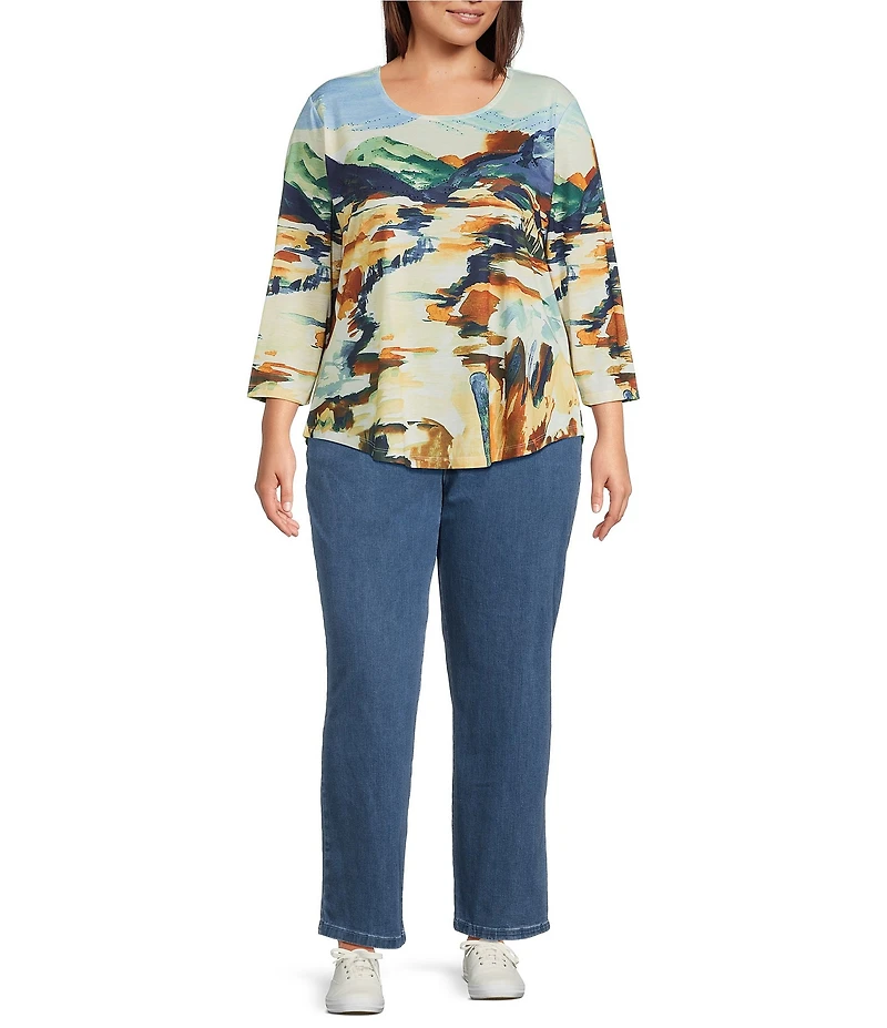 Allison Daley Plus Size Deep Forest Autumn Prairie Print Embellished 3/4 Sleeve Crew Neck Knit Top