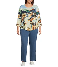 Allison Daley Plus Size Deep Forest Autumn Prairie Print Embellished 3/4 Sleeve Crew Neck Knit Top