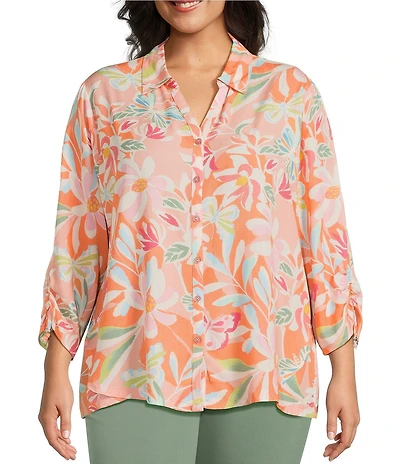 Allison Daley Plus Size Desert Flower Print 3/4 Tie Sleeve Point Collar Button Front Blouse
