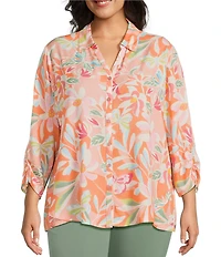 Allison Daley Plus Size Desert Flower Print 3/4 Tie Sleeve Point Collar Button Front Blouse