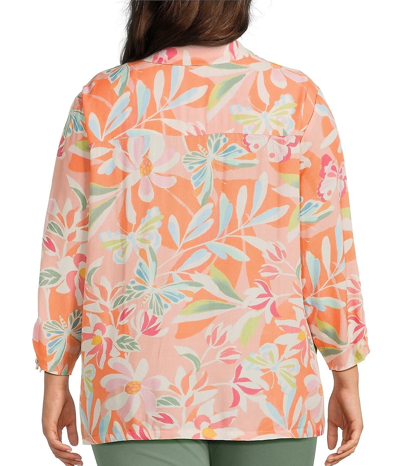 Allison Daley Plus Size Desert Flower Print 3/4 Tie Sleeve Point Collar Button Front Blouse