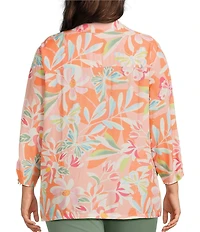 Allison Daley Plus Size Desert Flower Print 3/4 Tie Sleeve Point Collar Button Front Blouse