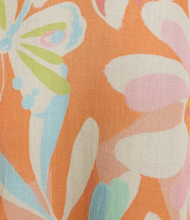 Allison Daley Plus Size Desert Flower Print 3/4 Tie Sleeve Point Collar Button Front Blouse