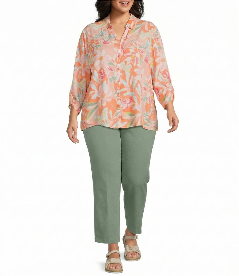 Allison Daley Plus Size Desert Flower Print 3/4 Tie Sleeve Point Collar Button Front Blouse
