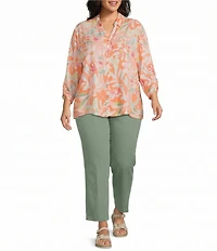 Allison Daley Plus Size Desert Flower Print 3/4 Tie Sleeve Point Collar Button Front Blouse