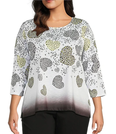 Allison Daley Plus Size Embellished Cascading Hearts Print 3/4 Sleeve Crew Neckline Knit Top