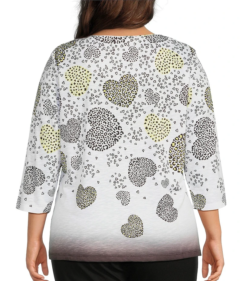 Allison Daley Plus Size Embellished Cascading Hearts Print 3/4 Sleeve Crew Neckline Knit Top