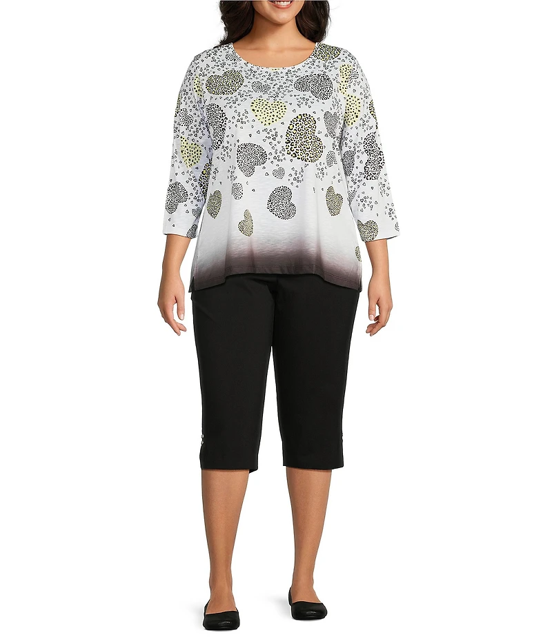 Allison Daley Plus Size Embellished Cascading Hearts Print 3/4 Sleeve Crew Neckline Knit Top