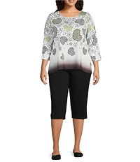 Allison Daley Plus Size Embellished Cascading Hearts Print 3/4 Sleeve Crew Neckline Knit Top