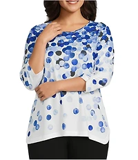 Allison Daley Plus Size Embellished Dotted Print 3/4 Sleeve Crew Neck Curve Hem Knit Top