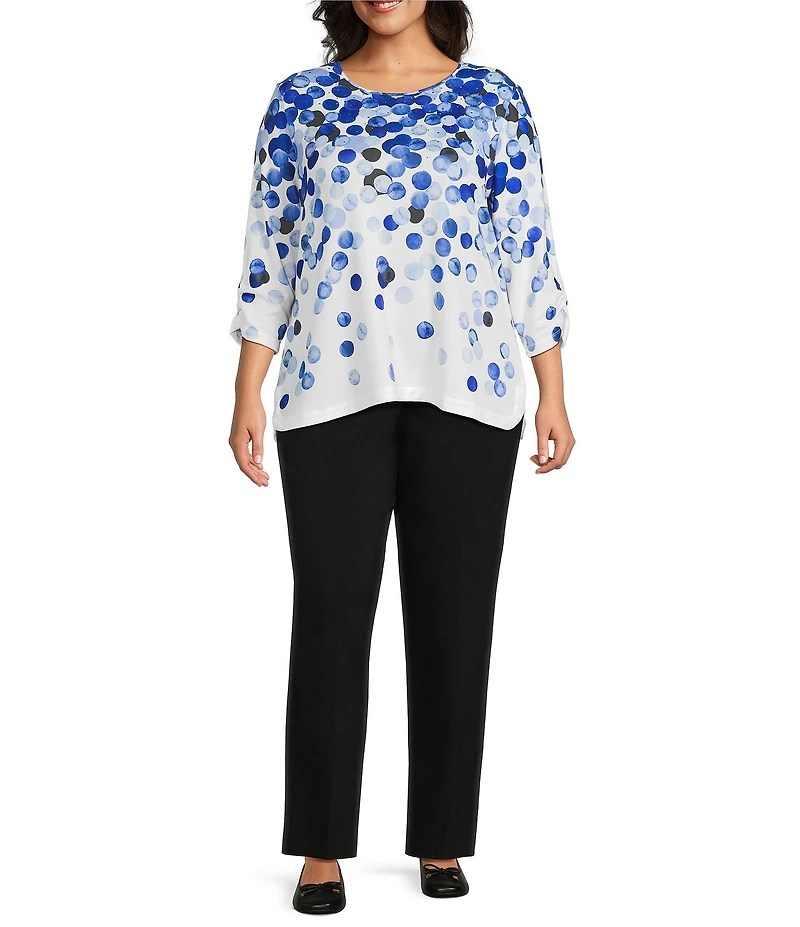 Allison Daley Plus Size Embellished Dotted Print 3/4 Sleeve Crew Neck Curve Hem Knit Top