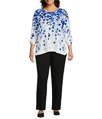 Allison Daley Plus Size Embellished Dotted Print 3/4 Sleeve Crew Neck Curve Hem Knit Top