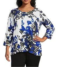 Allison Daley Plus Size Embellished Floral Print 3/4 Sleeve Crew Neck Top
