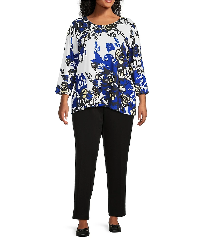 Allison Daley Plus Size Embellished Floral Print 3/4 Sleeve Crew Neck Top