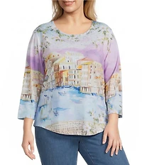 Allison Daley Plus Size Embellished Magic Canal Print 3/4 Sleeve Crew Neck Knit Top