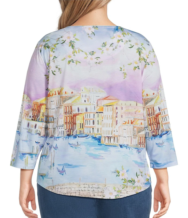 Allison Daley Plus Size Embellished Magic Canal Print 3/4 Sleeve Crew Neck Knit Top