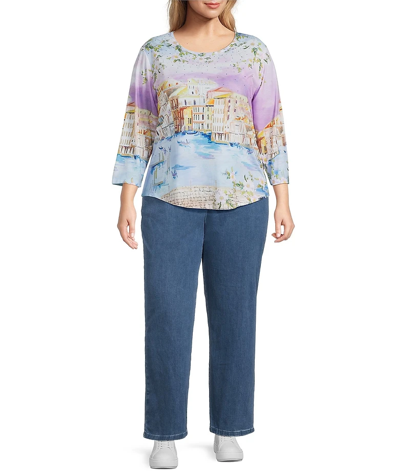 Allison Daley Plus Size Embellished Magic Canal Print 3/4 Sleeve Crew Neck Knit Top