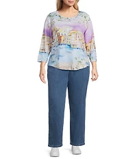 Allison Daley Plus Size Embellished Magic Canal Print 3/4 Sleeve Crew Neck Knit Top