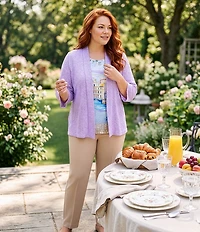 Allison Daley Plus Size Embellished Magic Canal Print 3/4 Sleeve Crew Neck Knit Top