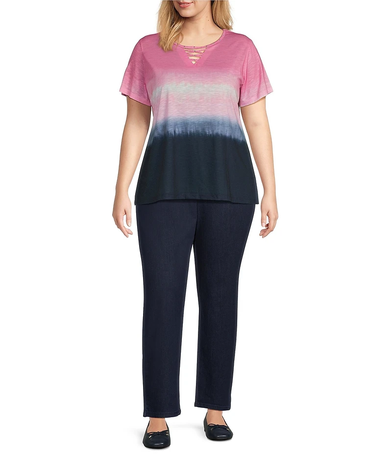 Allison Daley Plus Size Embellished Ombre Print Short Sleeve Keyhole Neck Knit Top