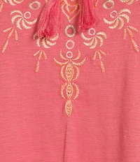 Allison Daley Plus Size Embroidered 3/4 Sleeve Split V-Neck Sweater