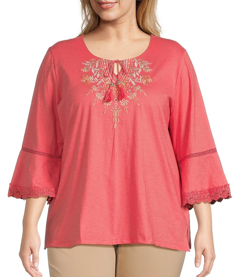 Allison Daley Plus Size Embroidered 3/4 Sleeve Split V-Neck Sweater
