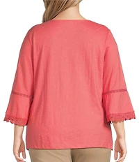 Allison Daley Plus Size Embroidered 3/4 Sleeve Split V-Neck Sweater