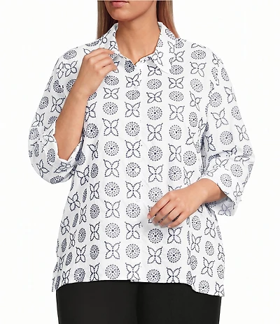 Allison Daley Plus Size Embroidery 3/4 Sleeve Point Collar Button Front Blouse