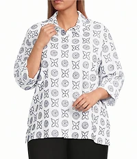 Allison Daley Plus Size Embroidery 3/4 Sleeve Point Collar Button Front Blouse
